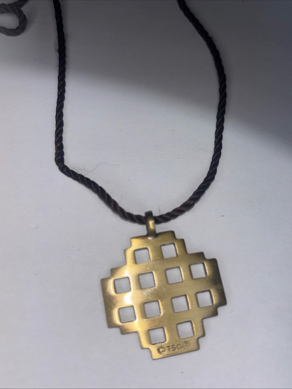 Vintage Terra Sancta Guild TSG Signed Cross Pendant Necklace, Brown Cord